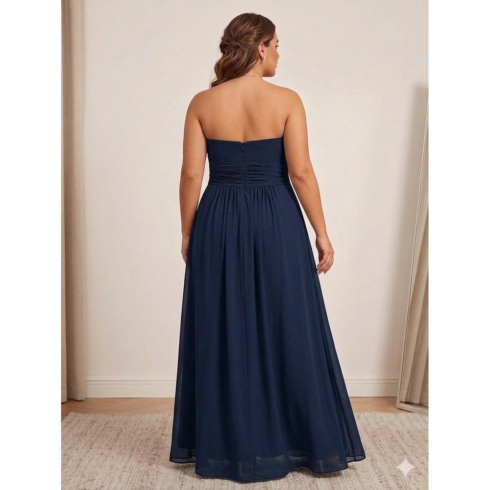 ALFRED ANGELO 14 Navy Strapless Chiffon Evng Gown Ruched Bodice & Floral Detail - Picture 9 of 9